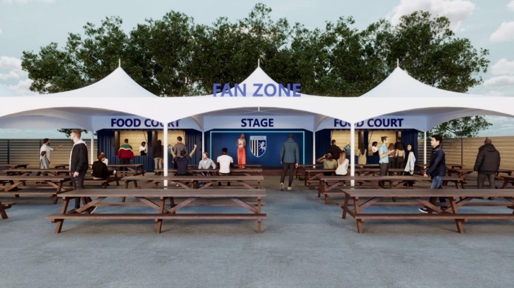 A CGI image of the fan zone proposed for Priestfield Stadium for Gillingham FC fans to enjoy matchdays more