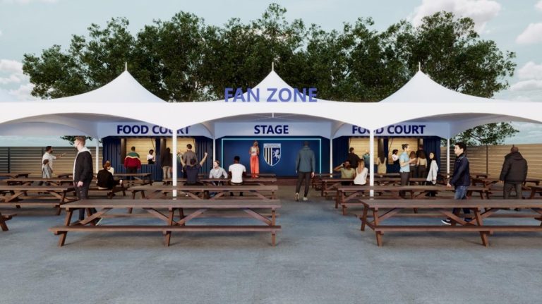 A CGI image of the fan zone proposed for Priestfield Stadium for Gillingham FC fans to enjoy matchdays more